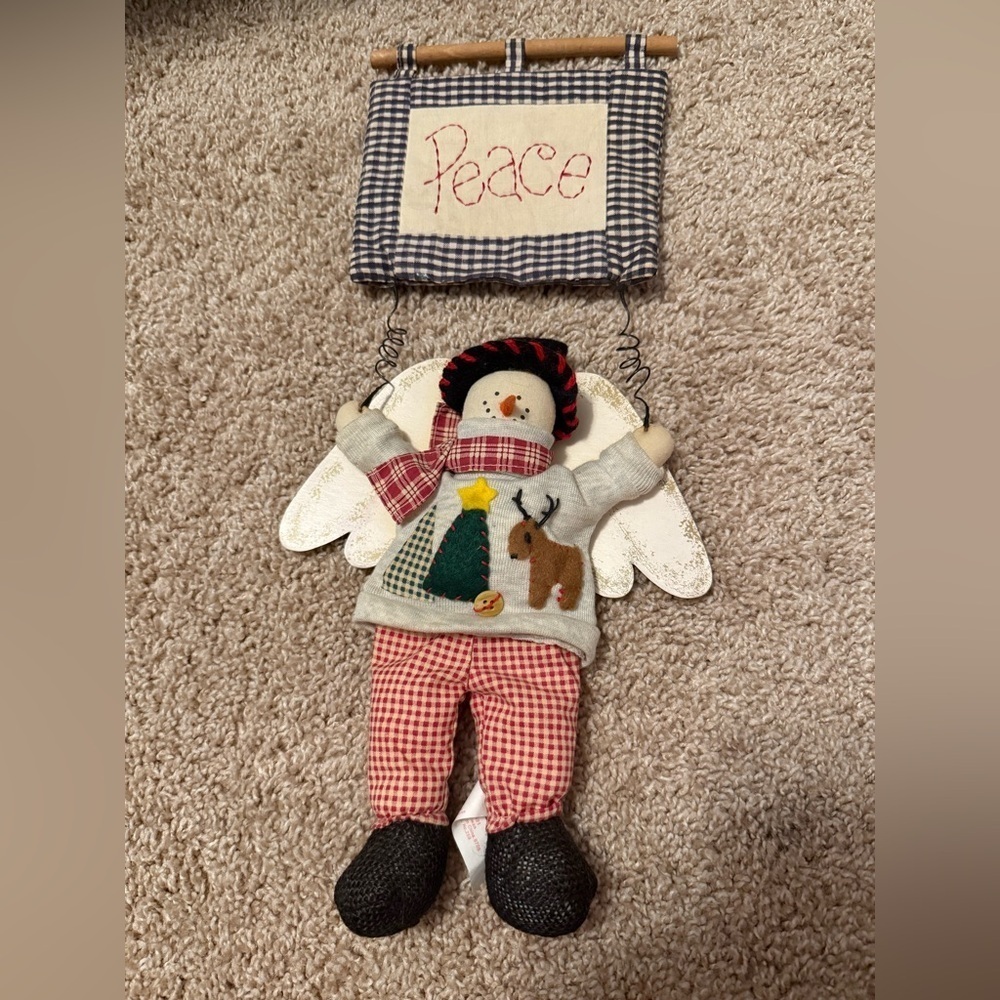 Russ | Vintage Holiday Snowman Wall Hanging with Peace Sign | Folk Cottagecore